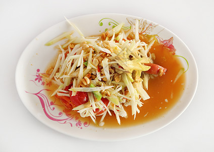 白桌上的木瓜沙拉香料草本植物蔬菜食物美食午餐螃蟹水果盘子餐厅图片