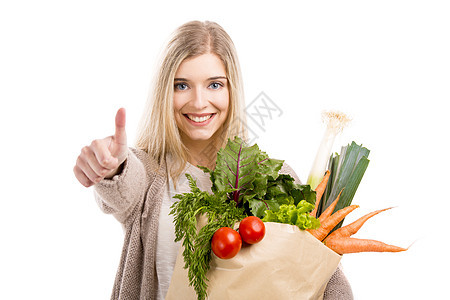 携带蔬菜的美丽女子营养顾客杂货店微笑水果食物消费者销售饮食购物图片