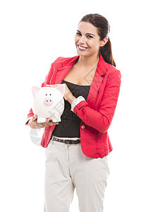 拥有小猪银行的女商务人士投资成人微笑商业帐户经济女性黑发银行储蓄图片