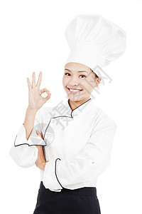 烤面包师或厨师显示完美的手牌炊具手势围裙衣服职业女孩工作工人商业工作室图片