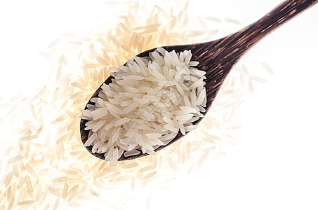 白背景的木勺米稻谷纹理影棚文化庄稼静物厨房谷物健康饮食干货茶点图片