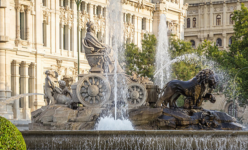 西班牙马德里著名的Cibeles喷泉广场历史性旅行景观首都通讯狮子大道国家地标城市图片