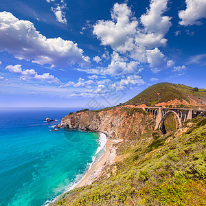 县1号公路上的加利福尼亚比克斯比桥蓝色石头岩石旅游晴天海洋假期旅行海景天空图片