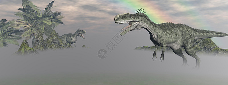 两只单硫龙恐龙侏罗纪天空捕食者两栖岩石凤头石头古生物学沙漠蜥蜴图片
