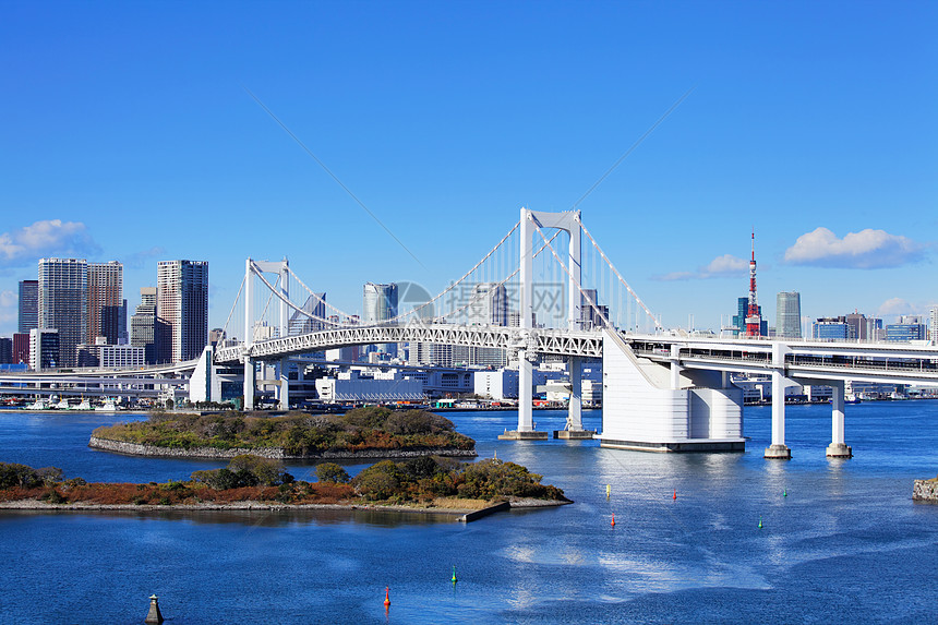 东京市天际建筑学金融旅行建筑地标电缆港口彩虹摩天大楼场景图片