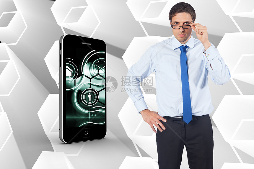 商业商客倾斜眼镜的混合形象图短发头发手机网格界面媒体男性电脑科技技术图片
