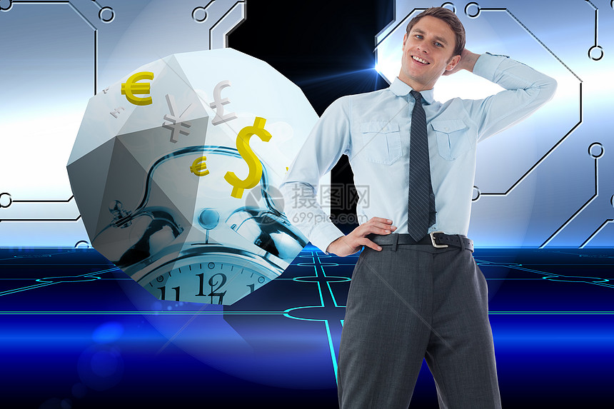 以手持头部思考的商务人士综合图象人士头发经济棕色绘图商务货币展示开幕式蓝色图片
