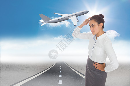 重点突出的女商务人士综合形象旅游女士专注思维绘图计算机飞行头发航空飞机图片