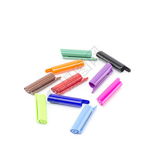 白上孤立的彩色笔工具紫色写作工艺商业橙子乐器墨水钢笔塑料图片