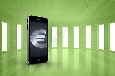 智能手机屏幕上欧元标志的复合图像白色绿色房间货币设备利润计算机窗户媒体绘图图片