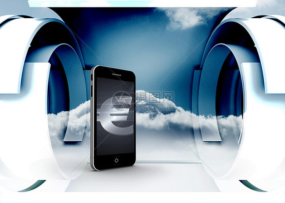 智能手机屏幕上欧元标志的复合图像绘图利润未来派货币设备媒体多云云计算天空计算机图片