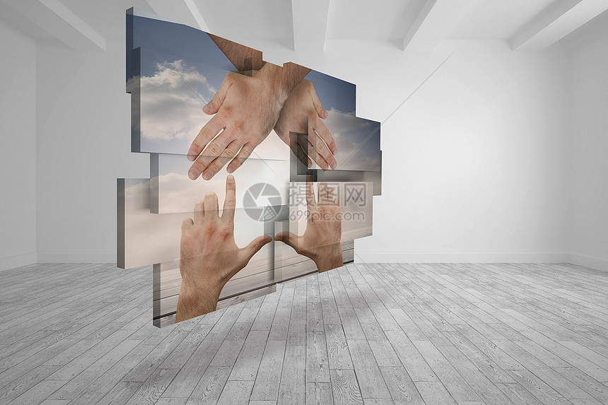 双手在抽象屏幕上建房子的复合图像木地板绘图住所房间数字地板计算机灰色未来派展示图片