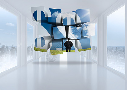 抽象屏幕上的商务人士和美元标志的复合图像和综合图象多云人士金融大厅计算机未来派绘图窗户货币房间图片