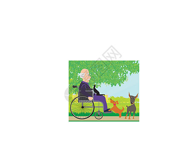 坐在轮椅上的老人和他的宠物图片