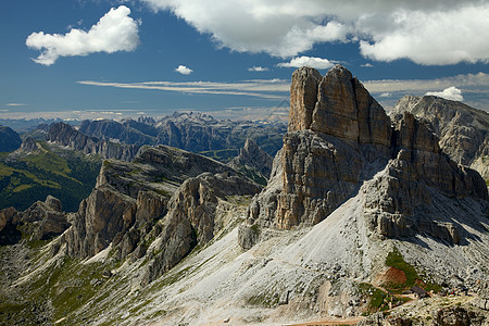 多洛米特地理石头远足地形阳光顶峰冒险编队旅行远景图片