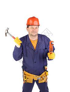 硬帽工人握着锤子螺丝刀劳动橙子员工蓝色帽子工业红色职业腰带图片