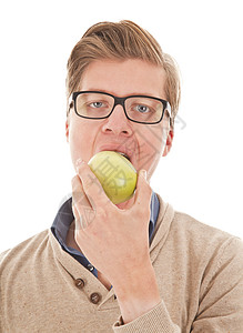 苹果白底年轻学生吃着白底苹果的年青学生背景