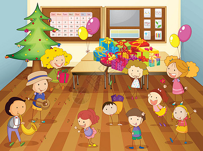 孩子们在教室里跳舞卡通片跳跃吹笛者学校上学节日地面盒子乐器绘画图片