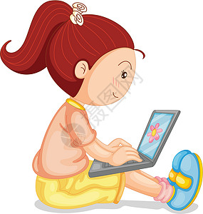 孩子电脑一个带笔记本电脑的女孩键盘卡通片头发眼镜青年孩子女士技术草图孩子们插画