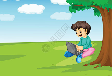 一个男孩和笔记本电脑地面键盘监视器草图享受蓝色卡通片天空草地孩子们图片