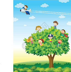 孩子们在树上玩耍飞行员草图男性植物女孩戏服运输座舱卡通片航空图片