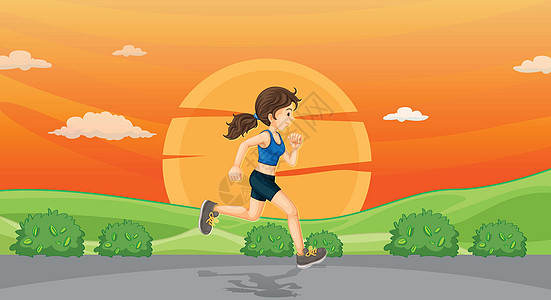在 roa 上奔跑的女孩练习跑步绘画太阳草图女性女士卡通片日出日落图片