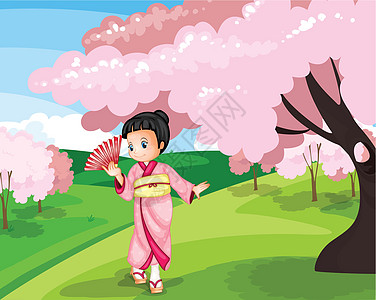 日本 女孩 在 garde孩子们雏菊植物扇子绘画和服花园孩子草图动物图片