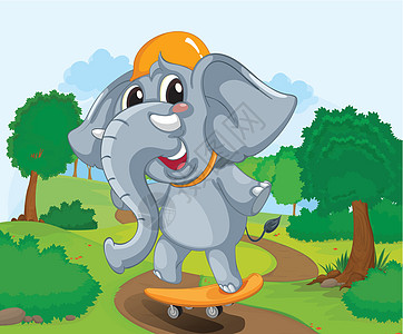 滑板上的大象滚动乐趣跳跃象牙轮子树干速度头盔树木植物图片