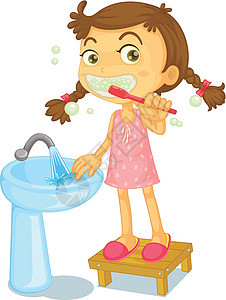 一个女孩刷牙情感盆地牙膏空格处刷子牙齿女孩孩子们凳子头发图片