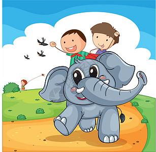 赶走大象衬套哺乳动物孩子们森林卡通片场地男孩们小路婴儿风筝图片