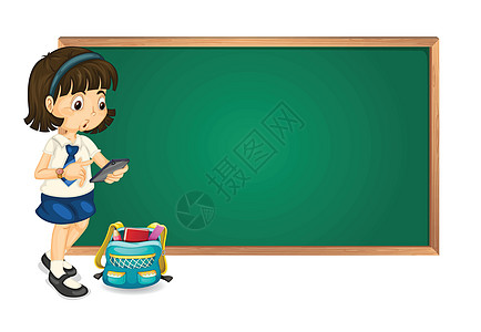 一个女孩和一头绿野猪黑板头发学校书包领带阴影教育铅笔框架大学图片