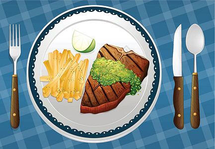 一个 foo蓝色营养牛肉用具小麦食物炊具盘子面包午餐图片