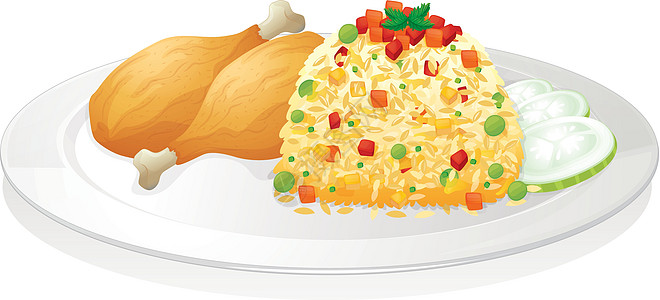 鸡肉加沙拉卡通片营养绘画艺术品早餐盘子食物水果油炸蔬菜图片