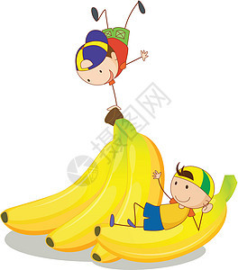 男孩和香蕉营养食品享受草图水果食物好朋友帽子男人朋友们图片