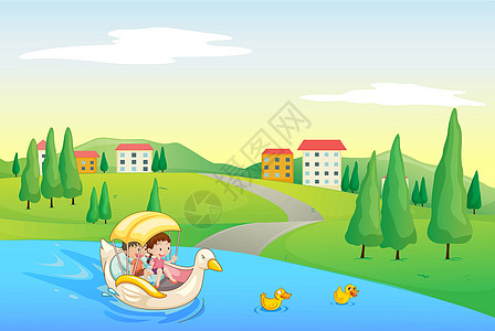 一条河和孩子女性天空农村建筑绘画风景鸭子男性灌木农场图片