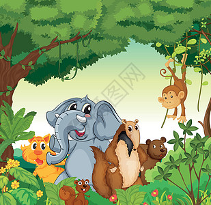 各种动物享受树木乐趣环境绘画公园卡通片哺乳动物丛林树叶图片