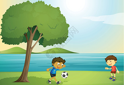 参加足球运动的儿童橡皮男生蓝色场景男性风景卡通片男人溪流材料图片