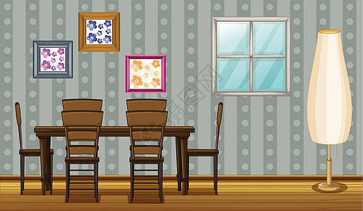 一桌饭桌和一盏灯墙纸绘画材料灰色庇护所风格椅子桌子用餐框架图片