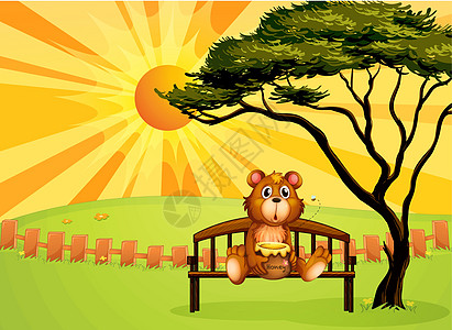 一只熊和一锅蜂蜜坐在板凳上图片