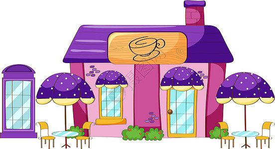 紫笋茶咖啡厅房子卡通片电话绘画桌子顾客紫黄色植物群椅子绿色设计图片