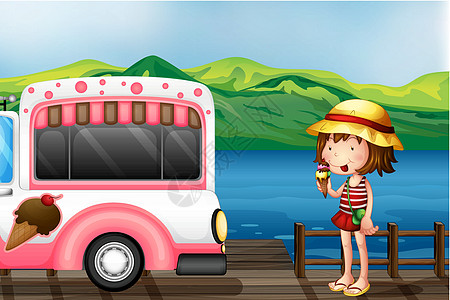 女孩吃冰淇淋丘陵帽子眼睛孩子记忆小吃公共汽车甜点海洋锥体图片