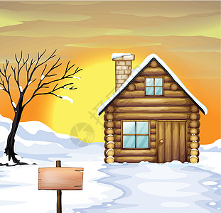 冬天邮政木木屋和枯树插画