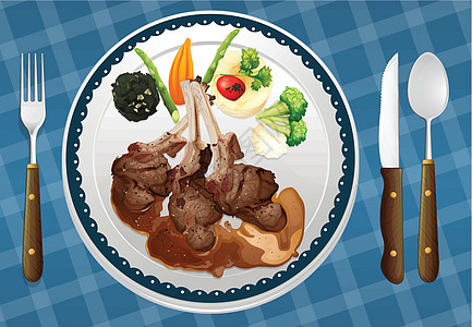 一个食物和一个dis服务用餐美食牛肉蓝色勺子绘画羊肉背景炊具图片
