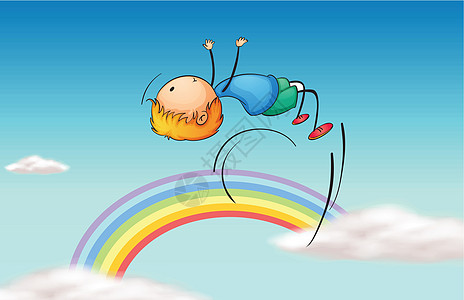 一个男孩在天空中跳跃 和彩虹图片