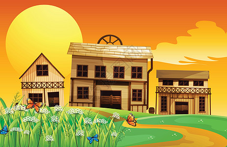房子和日落的景色草地植物场地场景橙子荒野国家蝴蝶窗户农村图片