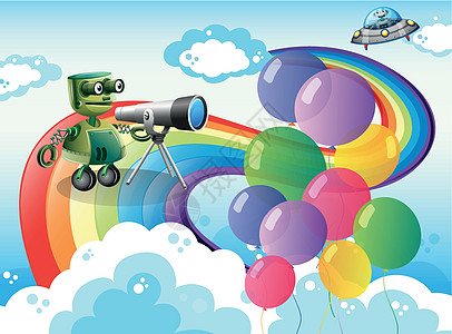天空中带有彩虹和气球的机器人图片