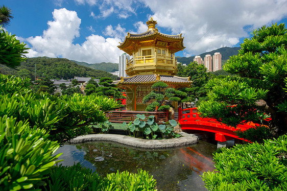 香港南里安花园的大桥和圣殿石头岩石花园寺庙摩天大楼池塘建筑学公园宝塔建筑图片