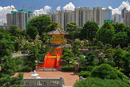 香港南里安花园的大桥和圣殿旅行石头岩石花园池塘建筑学摩天大楼寺庙公园历史图片