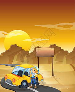 一个女孩在沙漠里用空标牌 修黄色的车图片