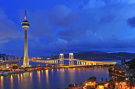 澳门城市风景 有名的蓝色旅游塔台海浪大厦城市首都摩天大楼市中心地标反射场景天空图片